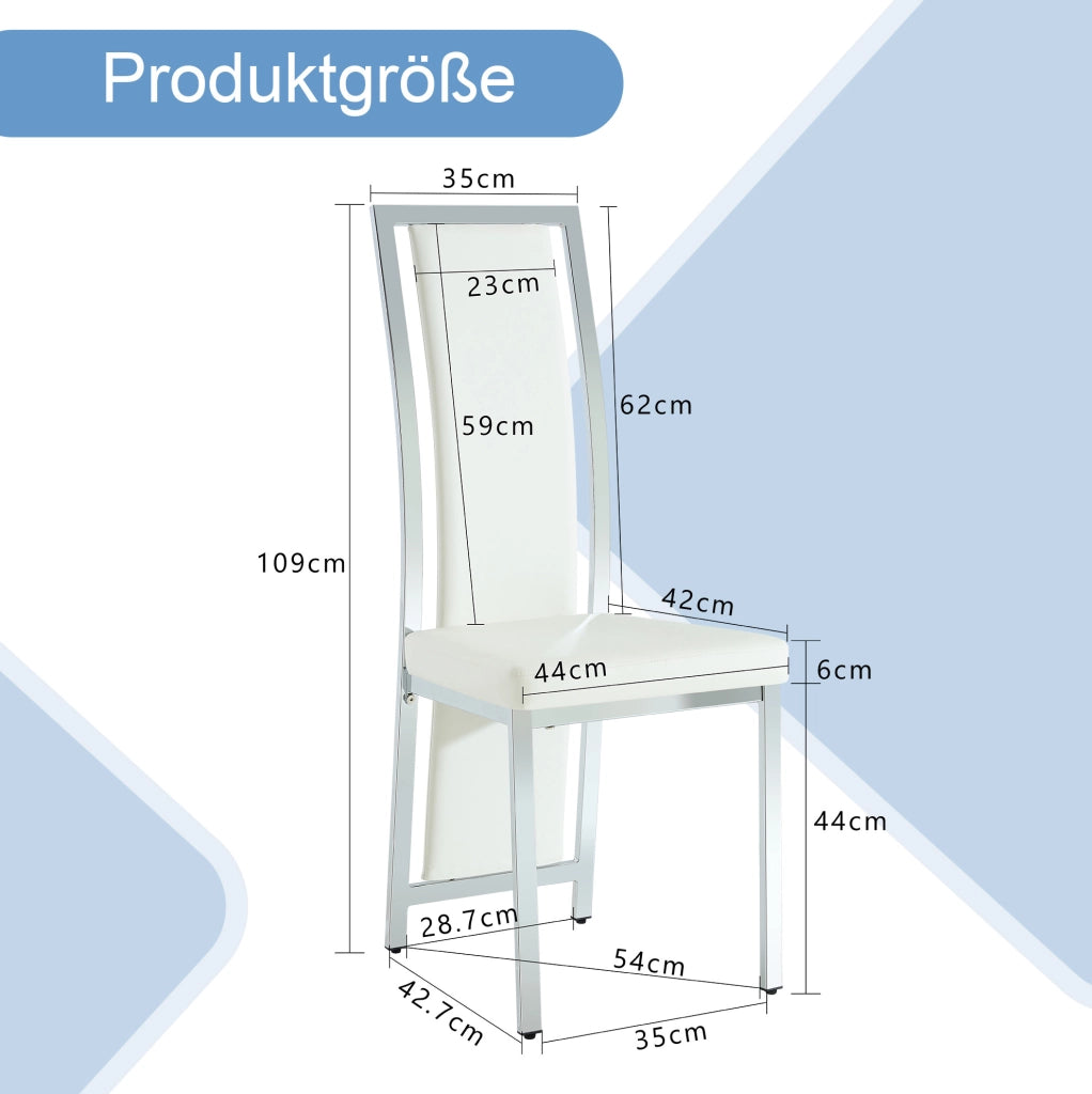 Set 4 sedie da pranzo moderne con schienale alto; 109 cm; in PU bianco e metallo argento