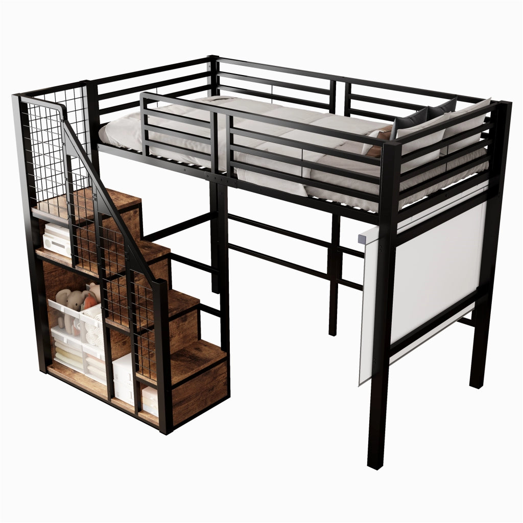 Letto a soppalco singolo 90 × 200 cm con scomparto portaoggetti e scaletta, senza materasso, in metallo, nero