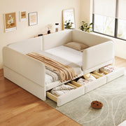 Letto imbottito per bambini 140x200 cm in velluto beige con sponde imbottite e 3 cassetti