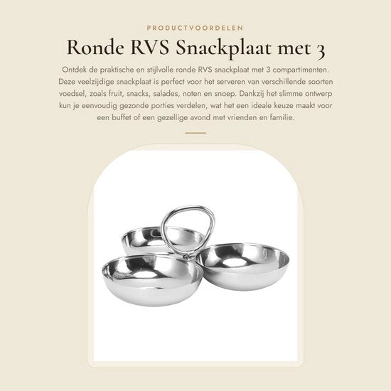 Piatto Condiviso - Piatto Rotondo per Snack con 3 Compartimenti - Acciaio Inossidabile - Ideale per Snacks, Frutta, Insalate - Sostenibile e Riciclabile - Tavolo per Snack
