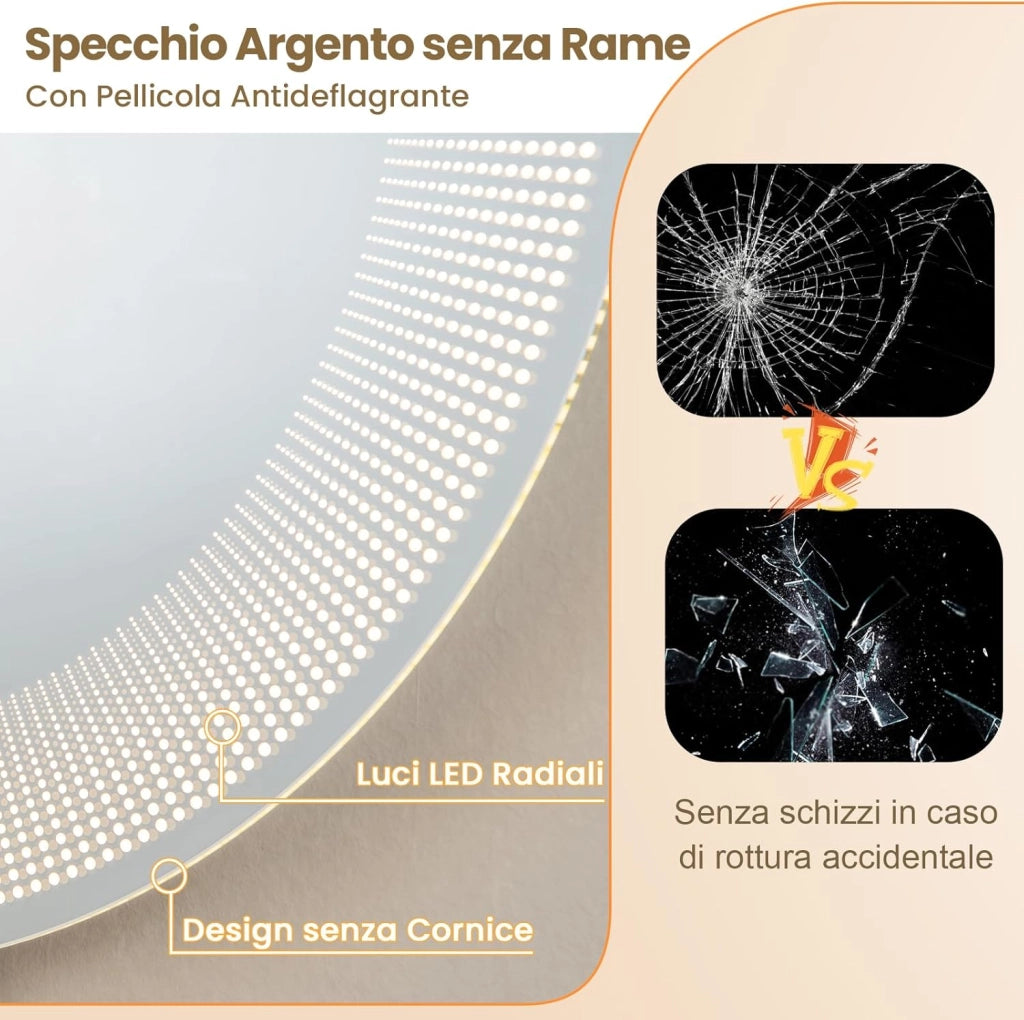Specchio da Bagno a LED 60x60vm, Specchio Rotondo a Parete con Luci a 3 Colori, Lettura di Tempo e Temperatura, Funziona Anti-Appannamento e Impermeabile IP44, Specchio Cosmetico