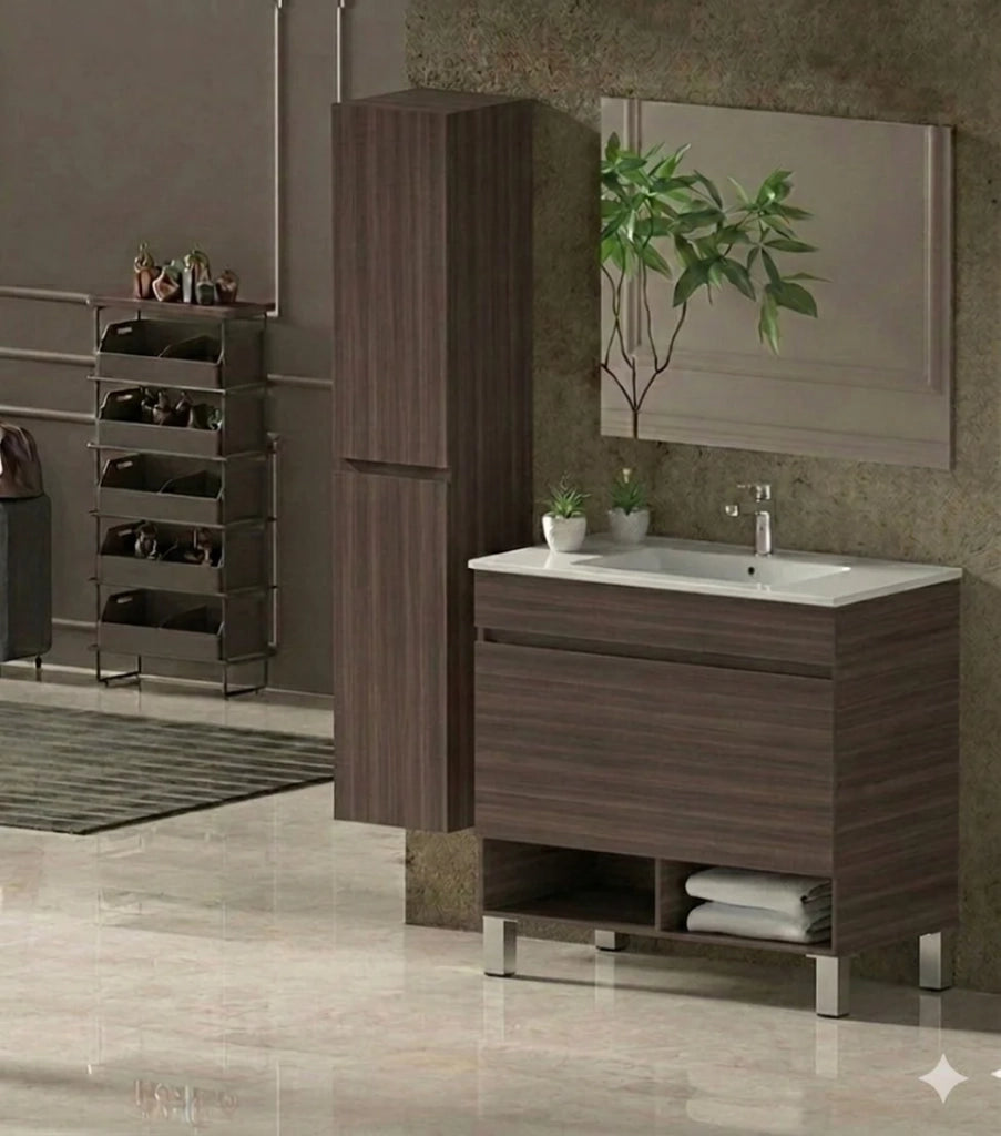 Mobile Bagno NEBARI com gambe Già Montato 1 cassetto, lavabo e specchio Frassino tea 80x45 cm con colonna