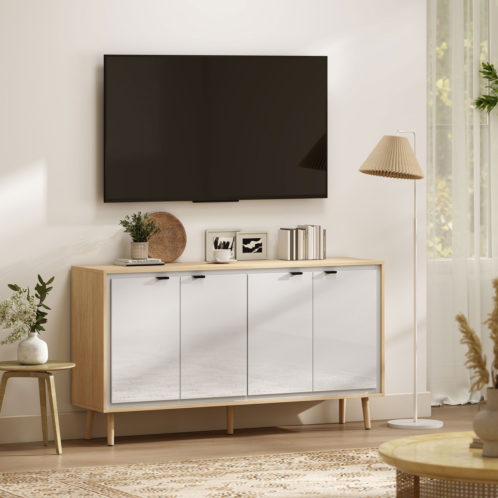 Credenza Moderna 141x35x77 cm a 4 Ante con Ripiano Regolabile Bianco Lucido e Rovere
