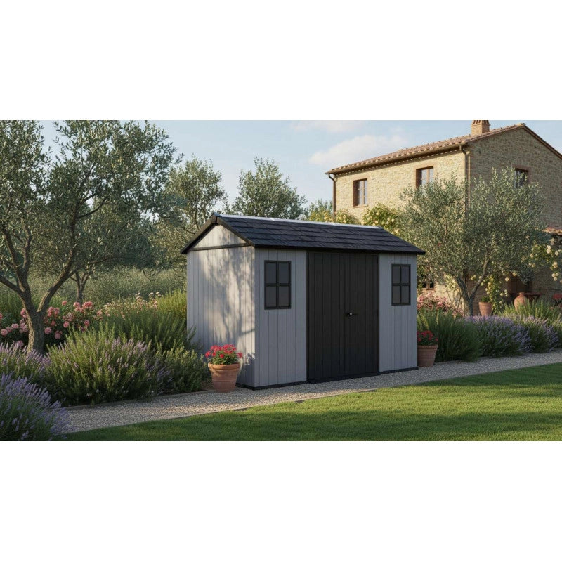 Casetta da giardino in resina EVOTECH+ 350x230 cm - con pavimento e doppia porta - carico neve 150 kg/m² – Newton Plus 7511/1175 - Grigio - Keter