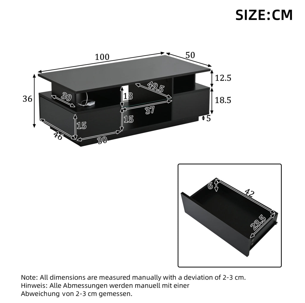 Tavolino da caffè 100x50x36 cm con LED; 2 cassetti e ripiani in vetro; nero lucido