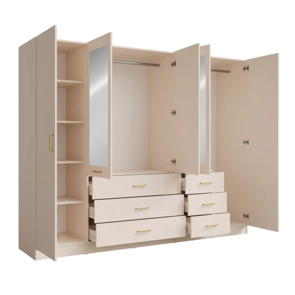 Armadio KALISTA 250 cm beige sabbia con specchi e 6 cassetti