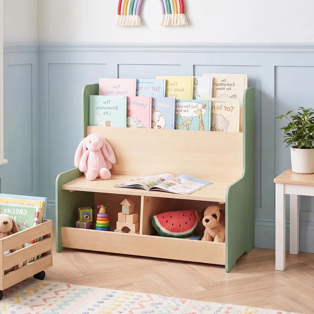 Libreria Montessoriana Salvaspazio per Bambini con Panchina Verde | Porta Libri Bambini con Portariviste a 2 Ripiani, 2 Scomparti Aperti e Cuscino Seduta Rimovibile per Cameretta