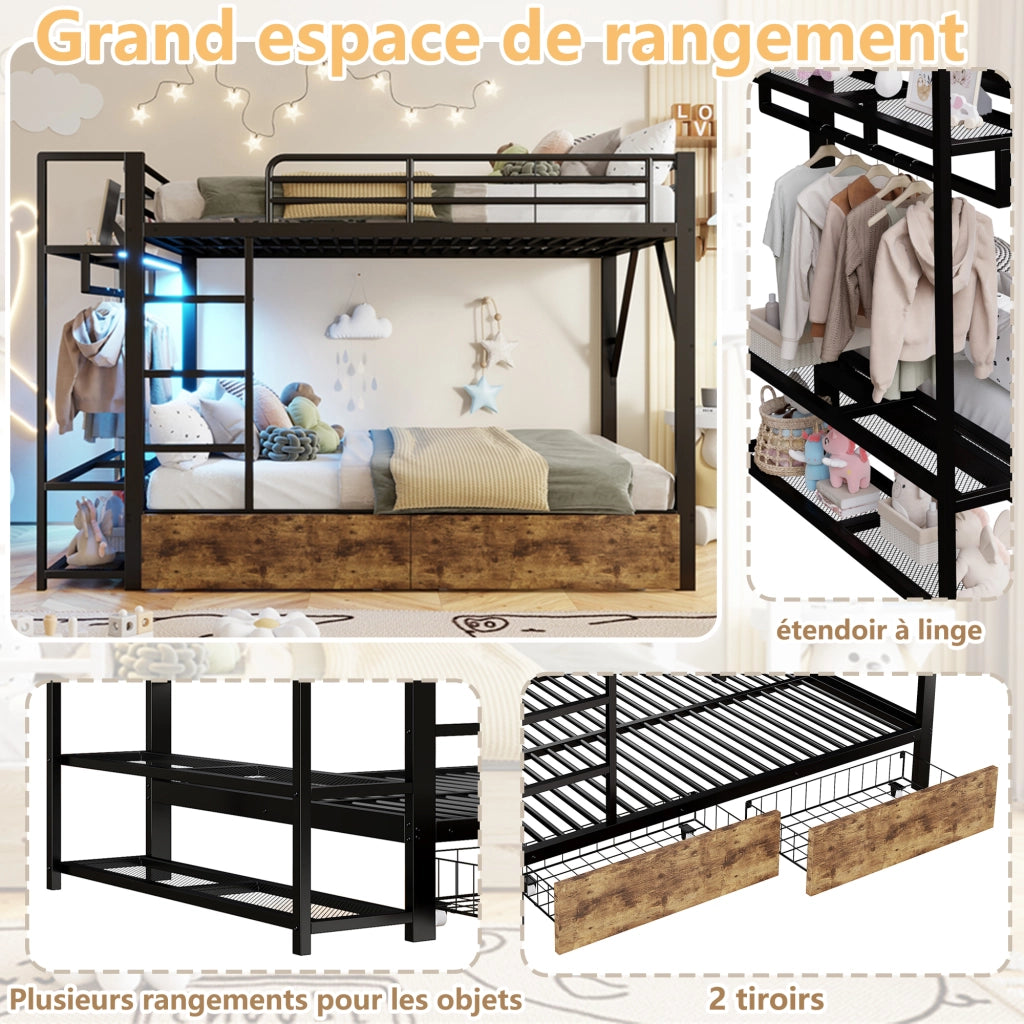 Letto a soppalco 140 × 200 cm; letto matrimoniale con 2 cassetti; ripiani; LED e appendiabiti