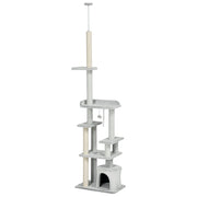 Albero Tiragraffi per Gatti a Soffitto con Piattaforme e Casetta ¨C zephmum ¨C Grigio 60x40x225-255cm