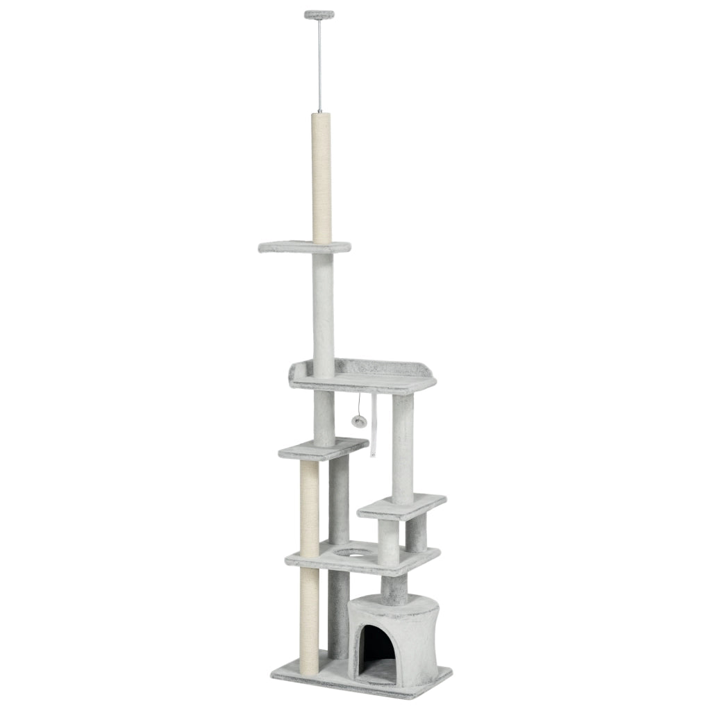 Albero Tiragraffi per Gatti a Soffitto con Piattaforme e Casetta ¨C zephmum ¨C Grigio 60x40x225-255cm