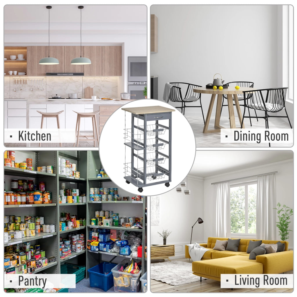 EasyComfort Carrello da Cucina in Grigio Scuro con 1 Cassetto e 4 Cestelli Metallici