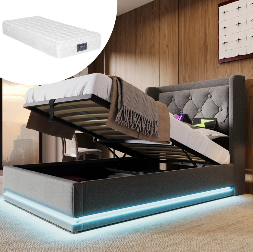 Letto imbottito 90x200 cm grigio con LED, USB-C e materasso