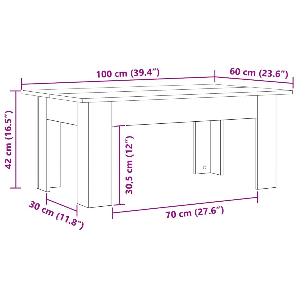 Tavolino da caffÃ¨  Nero Rovere 100x60x42 cm in legno ingegnerizzato