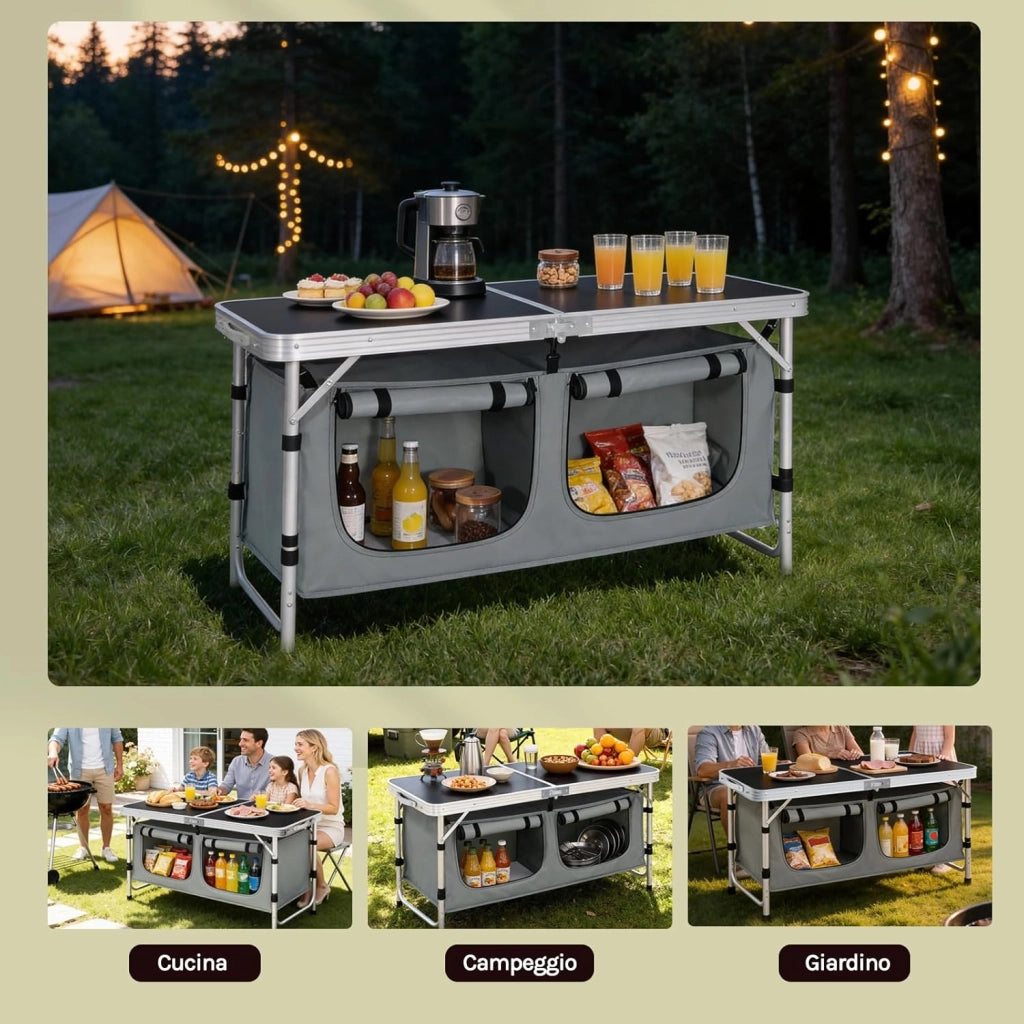 Tavolo da Picnic Pieghevole, Mobile Cucina da Campeggio, Esterno, in MDF e alluminio con 2 Scomparti Regolabili in Altezza, 120 x 47 x 62/69.5 cm