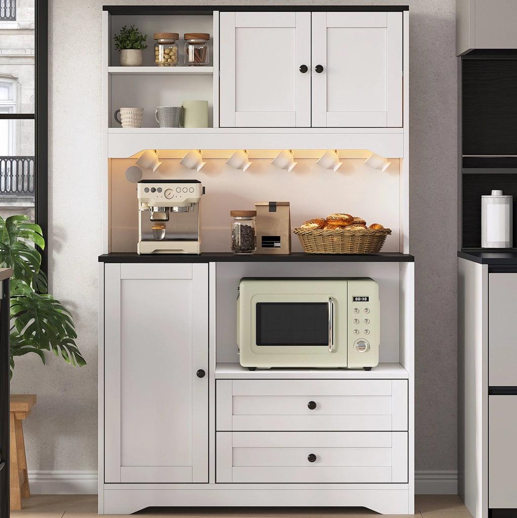 Mobile cucina multifunzione bianco con LED, prese USB e vano microonde