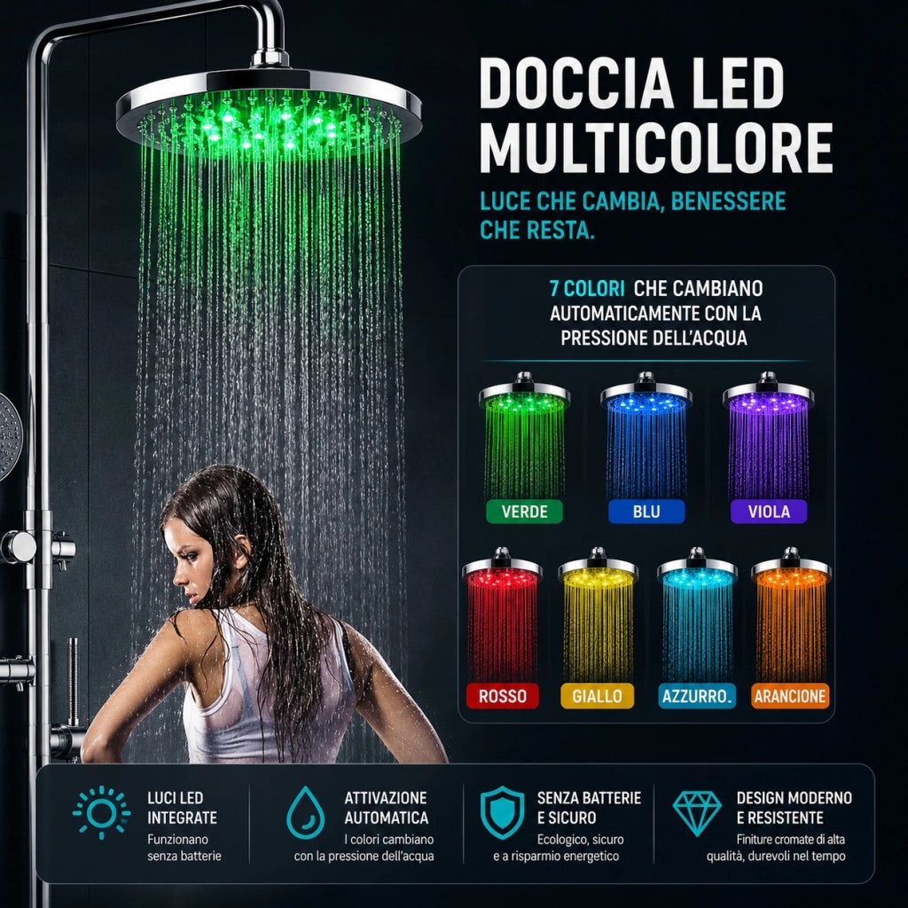 Soffione Doccia LED Cromoterapia 7 Colori RGB Rotondo 22 cm Multicolore 79904