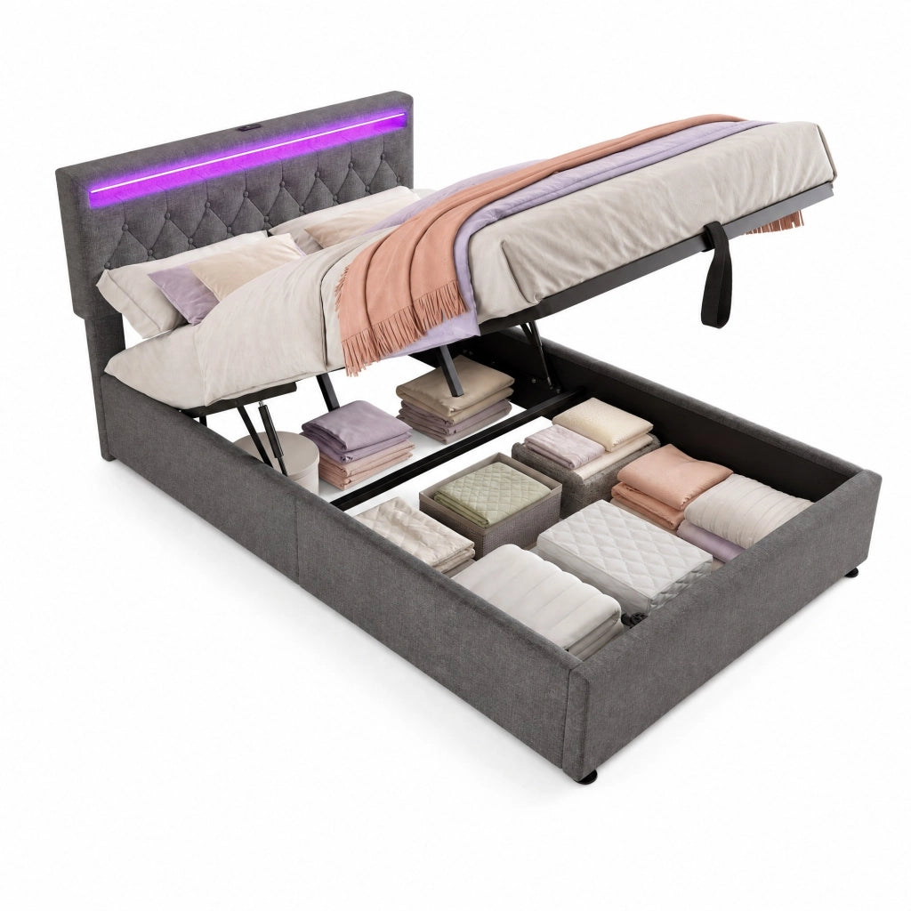 Letto imbottito 140x200 con contenitore, LED e porte USB-C