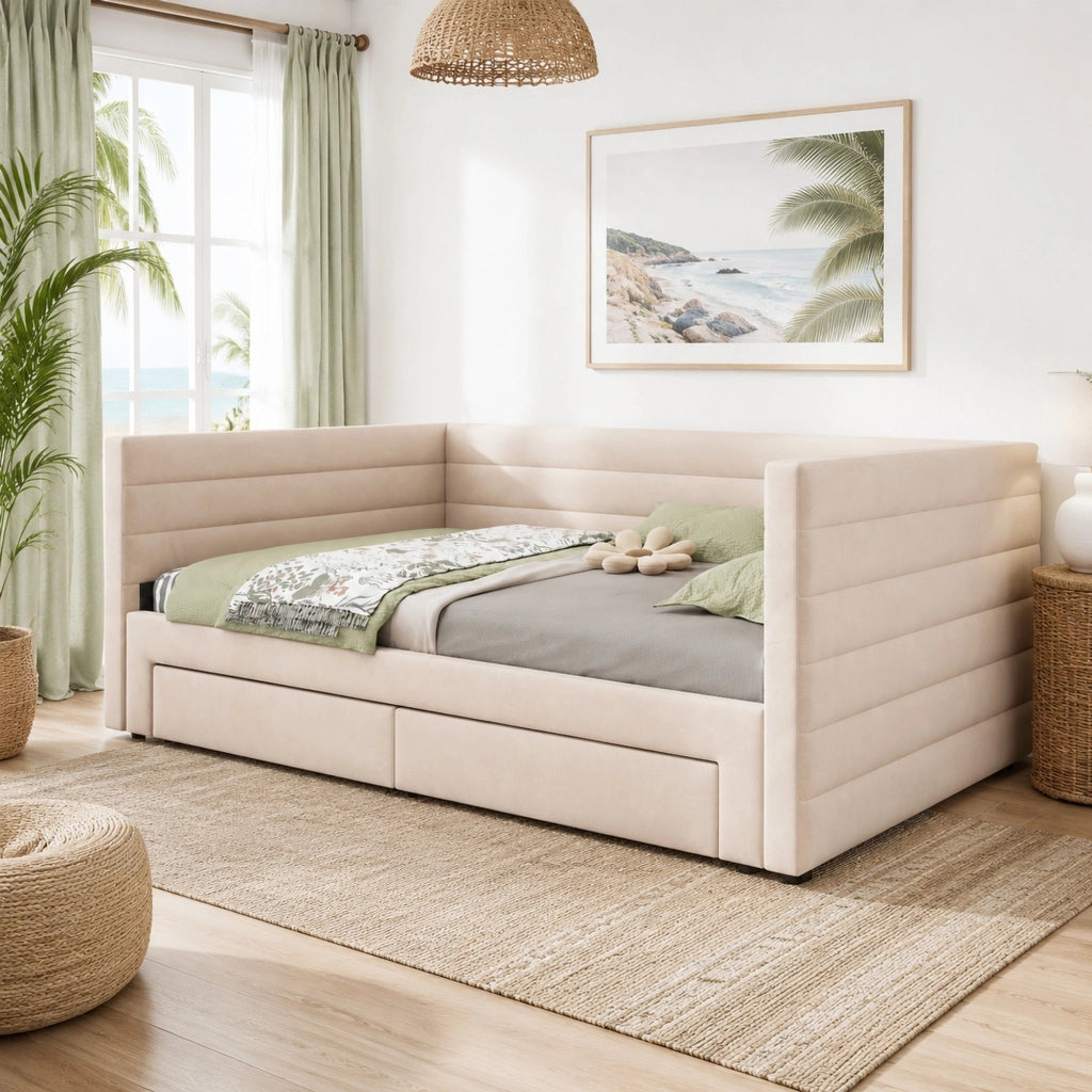 Letto imbottito 3 in 1 estraibile 90x190 cm con 2 cassetti; beige
