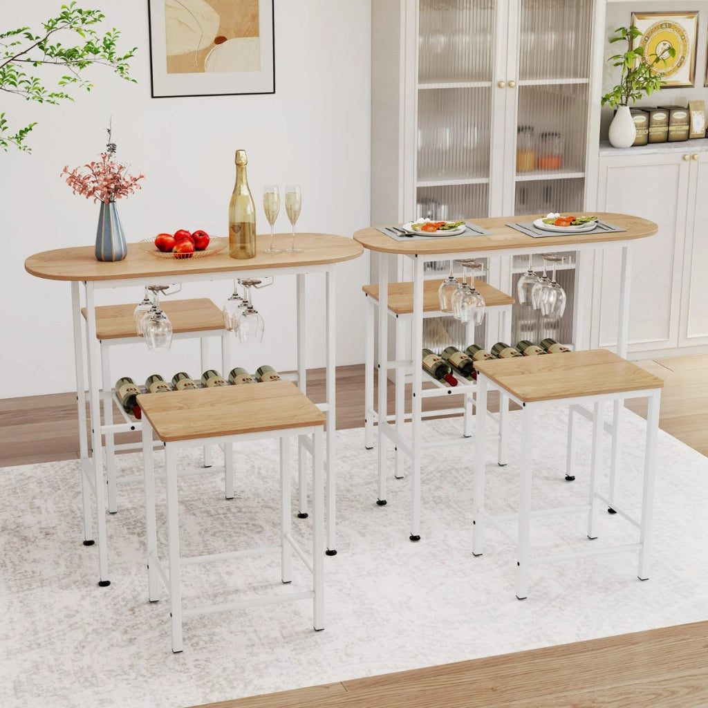 Tavolo da pranzo ovale con portabottiglie e 2 sgabelli, Set da tavolo alto a 3 pezzi portabicchieri da vino Naturale-Tavoli e sedie da pranzo