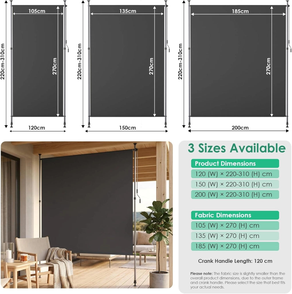 Tenda da sole verticale con morsetto, 150 x 310 cm, tenda da sole verticale allungabile, senza forature,con manovella, protezione solare dal vento, per balcone, giardino,terrazza