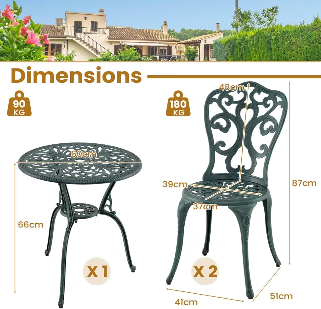 Set da Giardino Esterno in 3 Pezzi in Accaccio, Set da Bistrò con Foro per Ombrellone, Tavolo Portato 90 kg e 2 Sedie Portate 180 kg, Arredamento per Balcone, Patio, Terrazzo (Verde)