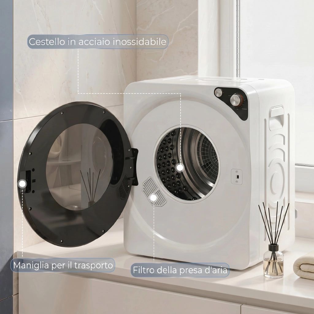 Asciugatrice Portatile 49x43x61 cm Potenza 1000W con 5 Programmi e Timer in PCM e Acciaio Inox Bianco