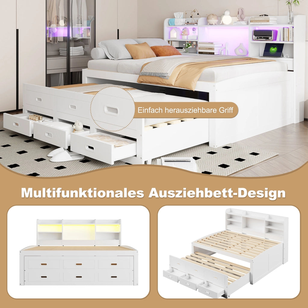 DESMIU Letto divano 140 × 200 cm 2 posti con 3 cassetti, LED, USB, Type-C e contenitore, senza materasso, bianco