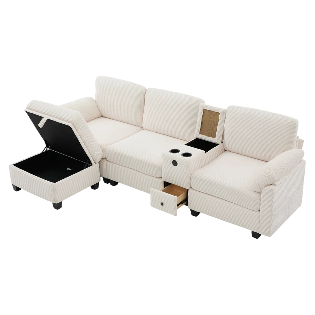 Divano modulare 4 posti - con console scorrevole e pouf contenitore - in velluto a coste beige