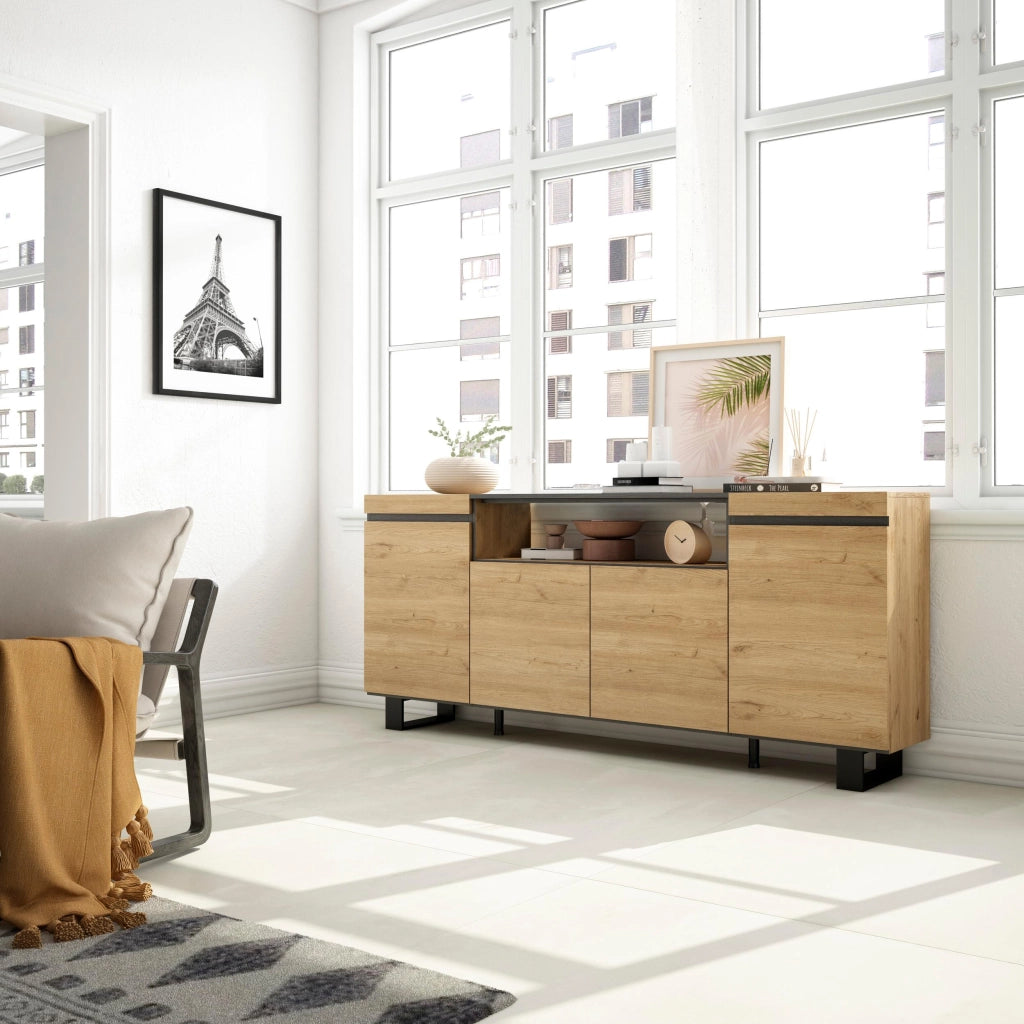 Credenza, Mobile, 200x35x87cm, 4 Porte, Design industriale, colore Rovere e nero RF2281