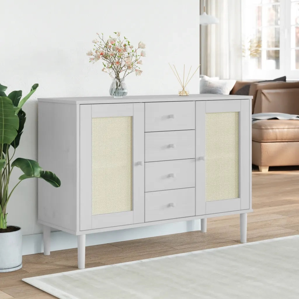 Credenza SENJA Aspetto Rattan Bianco 112x40x80 cm Massello Pino 358026