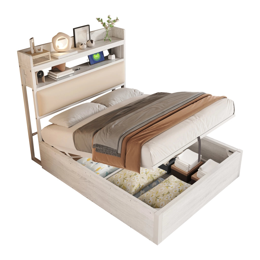 OKWISH Letto Contenitore 90×200 cm, Letto Singolo con Sollevamento Idraulico, USB e Testiera Imbottita, senza Materasso, Bianco