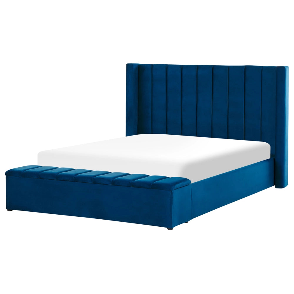 Letto matrimoniale ad acqua in velluto blu marino con cassapanca 160 x 200 cm moderno glam morbido materasso camera da letto