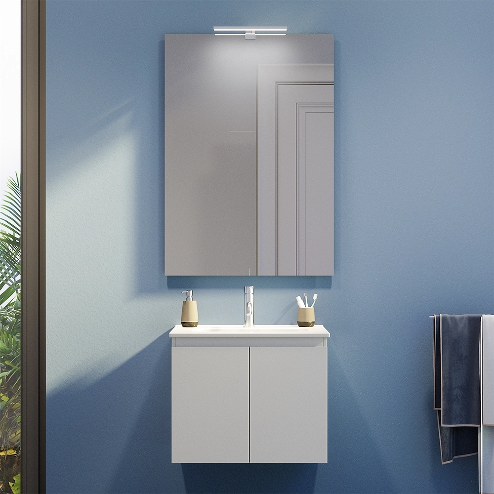 Mobile bagno sospeso 60 cm due ante bianco effetto legno lavabo e specchio | Yili