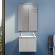 Mobile bagno sospeso 60 cm due ante bianco effetto legno lavabo e specchio | Yili