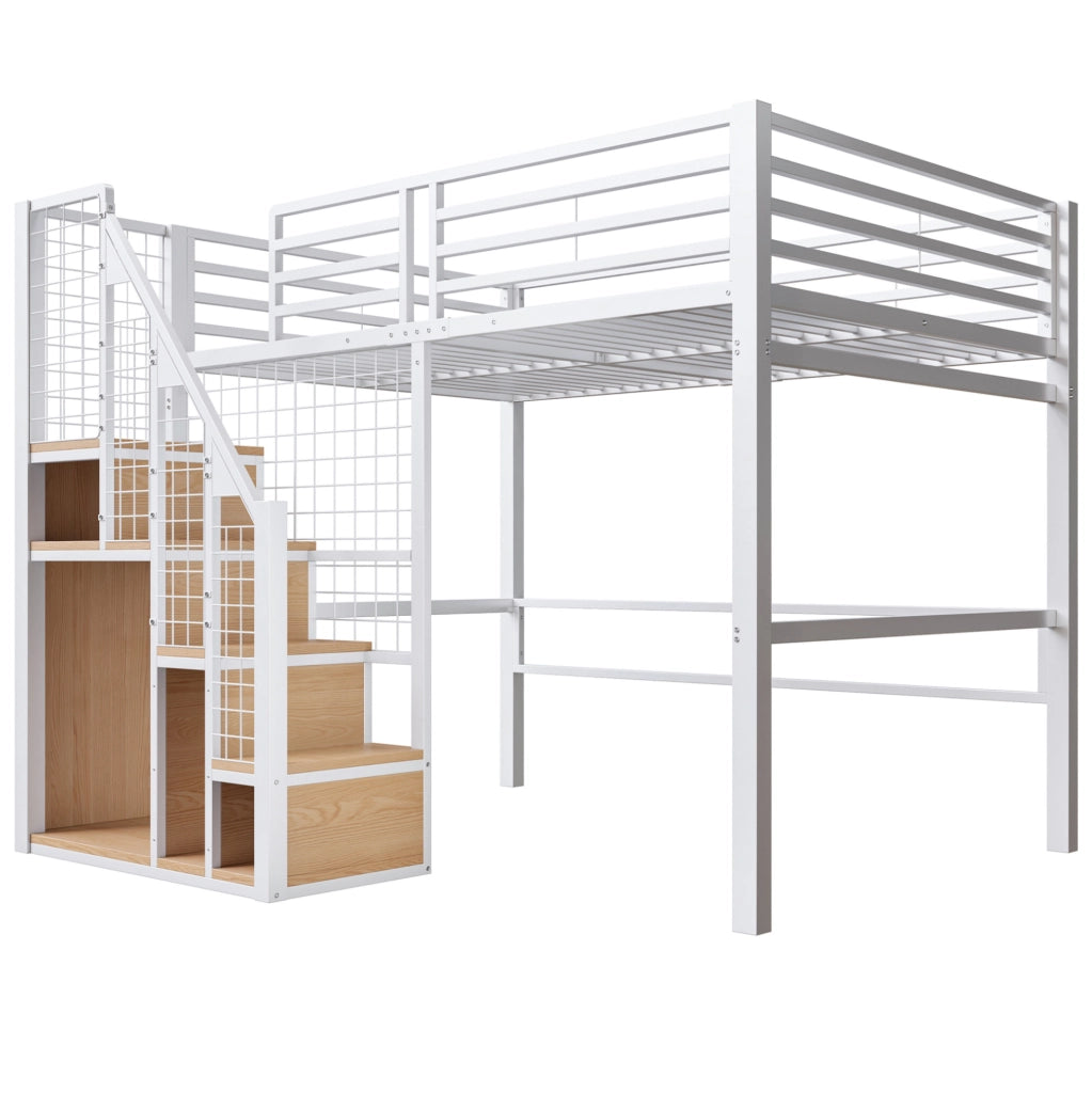 Letto a soppalco ULEVR 140x200 cm con scala, modulo guardaroba e protezioni, MDF e metallo bianco
