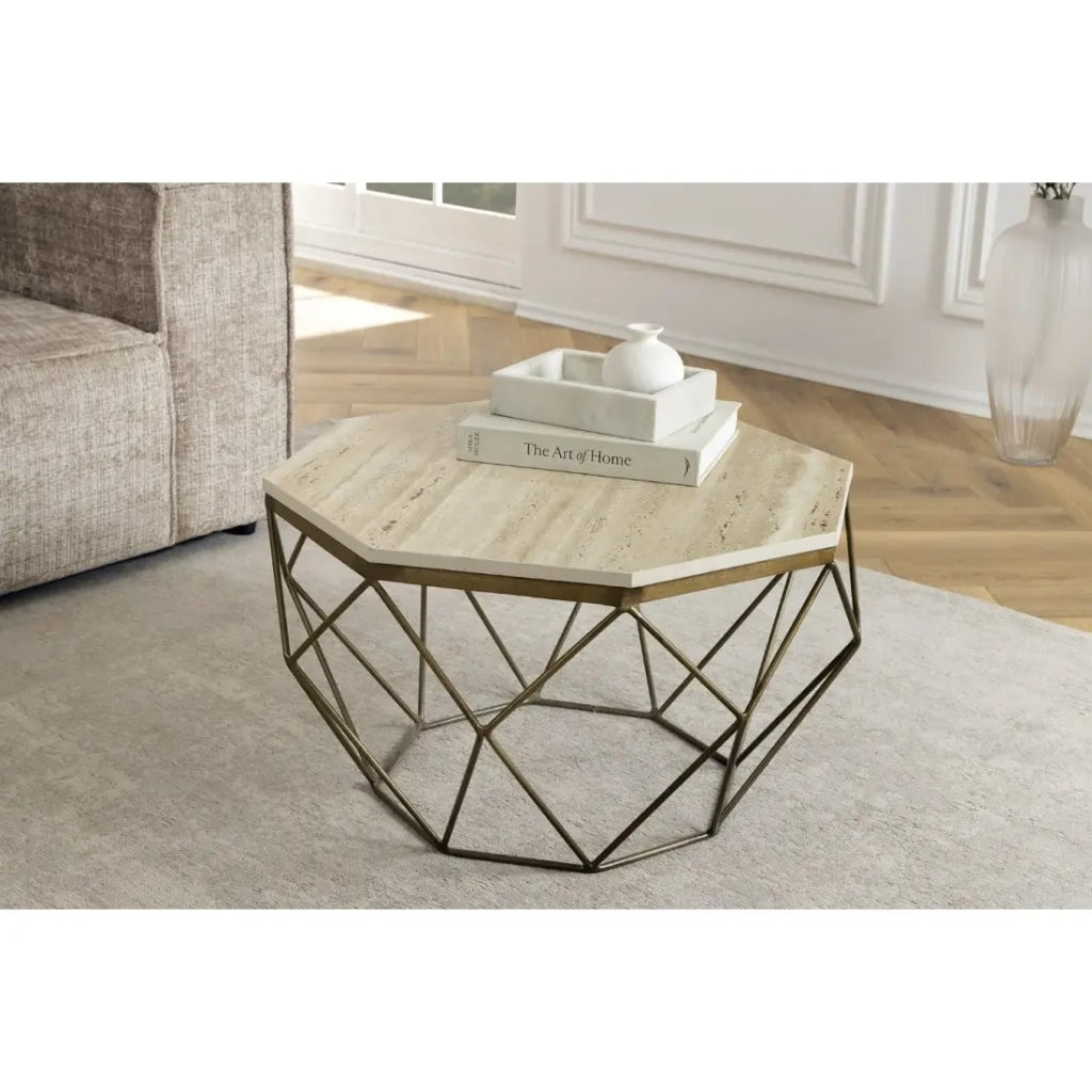 Tavolino basso NEXORA 70 cm in travertino beige e metallo finitura ottone design geometrico