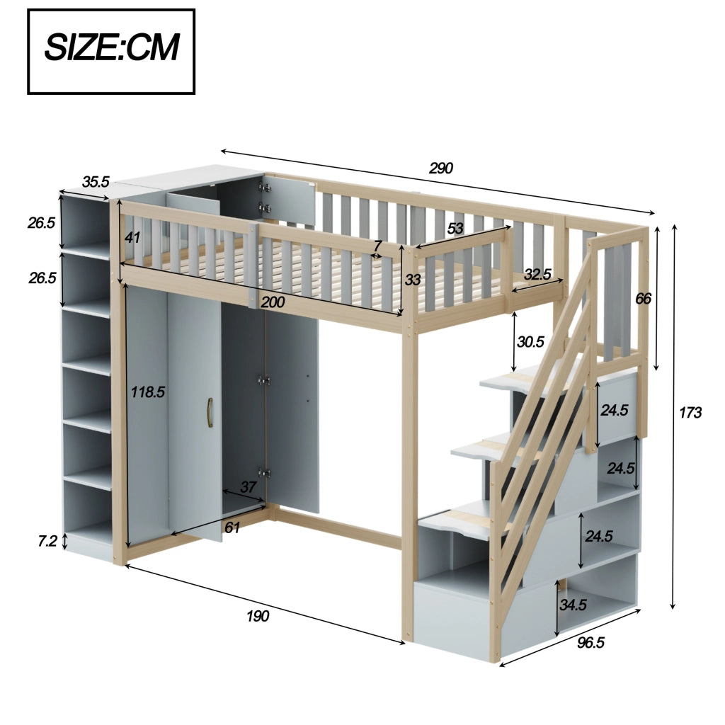 Letto a soppalco 90x200 cm con armadio; scale con cassetti e ripiani; grigio