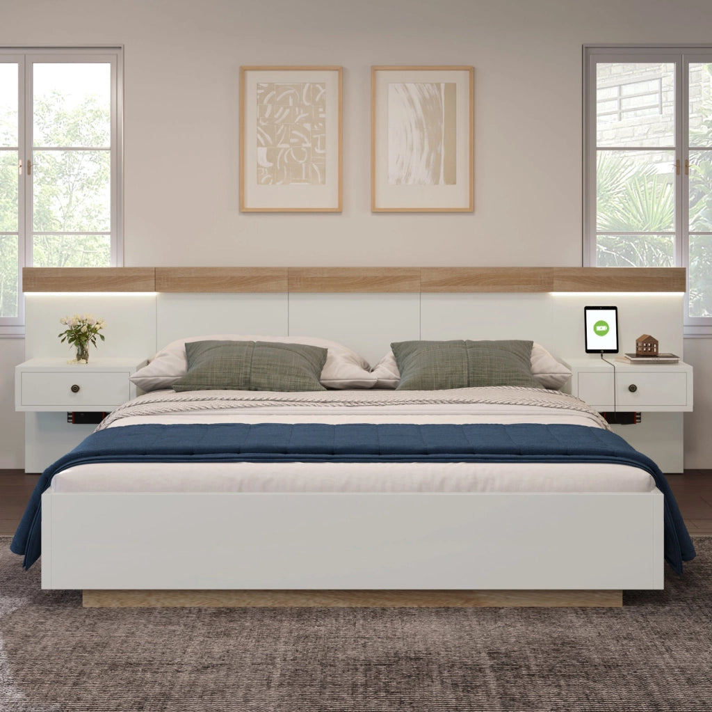 Letto matrimoniale 180x200 cm con 2 comodini LED, USB/Type-C, finitura Sonoma rovere e bianco