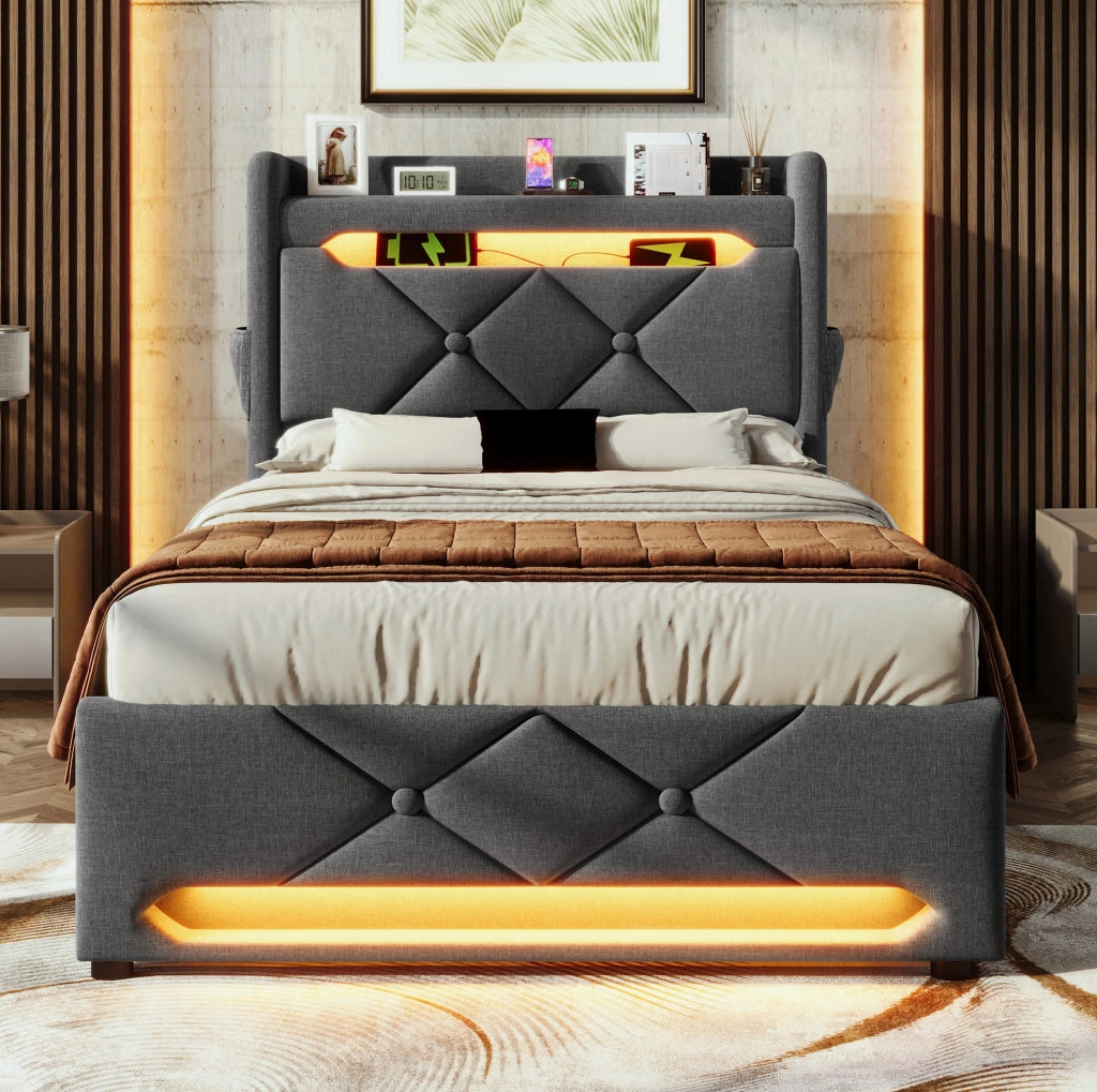 Letto singolo 90x200 cm con contenitore idraulico; LED 360掳; testiera con USB e Type-C; lino grigio