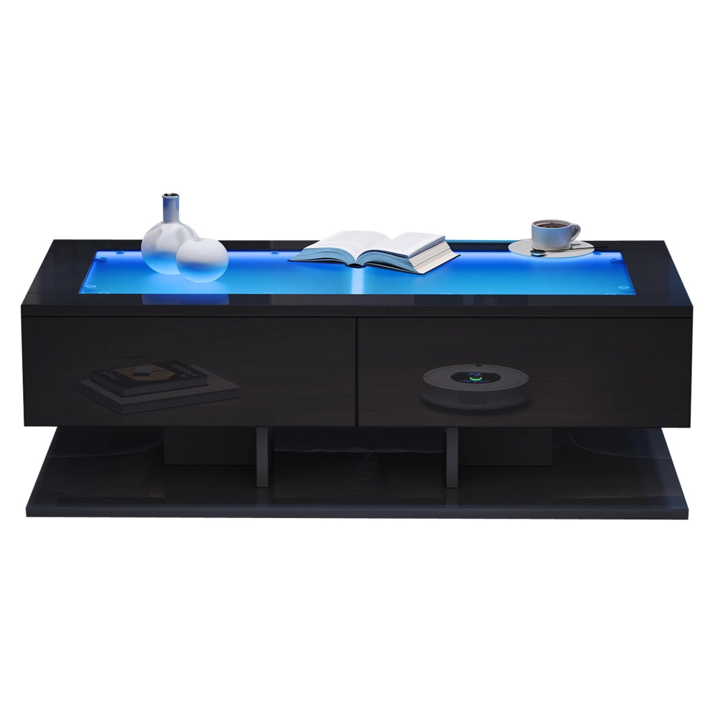 Tavolino basso con 2 cassetti, piano in vetro temperato e LED, finitura lucida, per soggiorno, nero, 100 × 50 × 35 cm