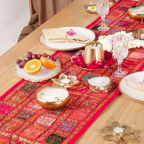 Tavolo da pranzo decorativo a patchwork con bordo ricamato - 40x182 cm