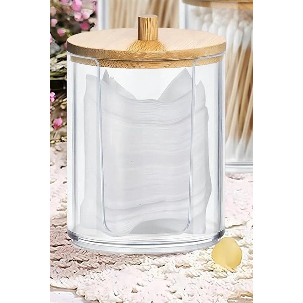Trade Shop - Contenitore Porta Dischetti Struccanti Trasparente Con Coperchio In Legno 7.1x10.3cm 10822 -