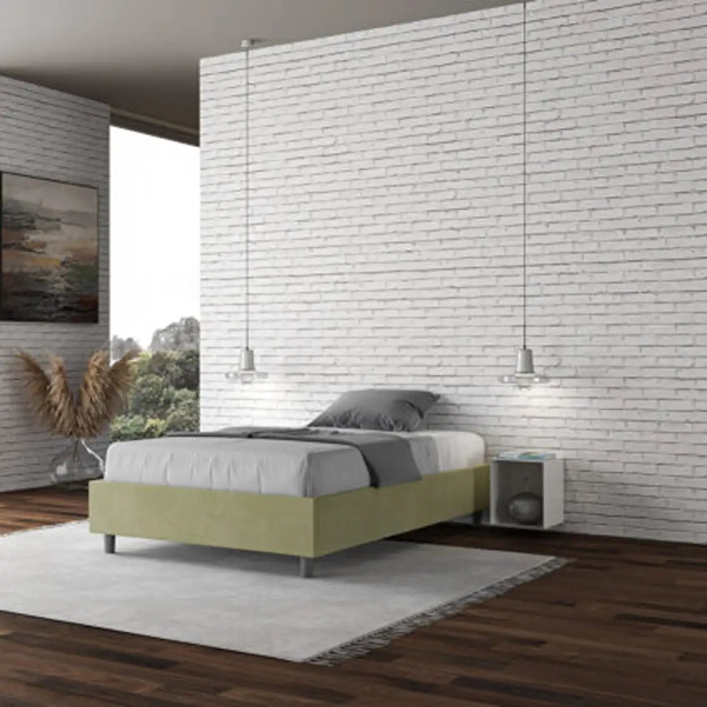 Letto matrimoniale francese con rete imbottito 140x190 microfibra tè verde Azelia