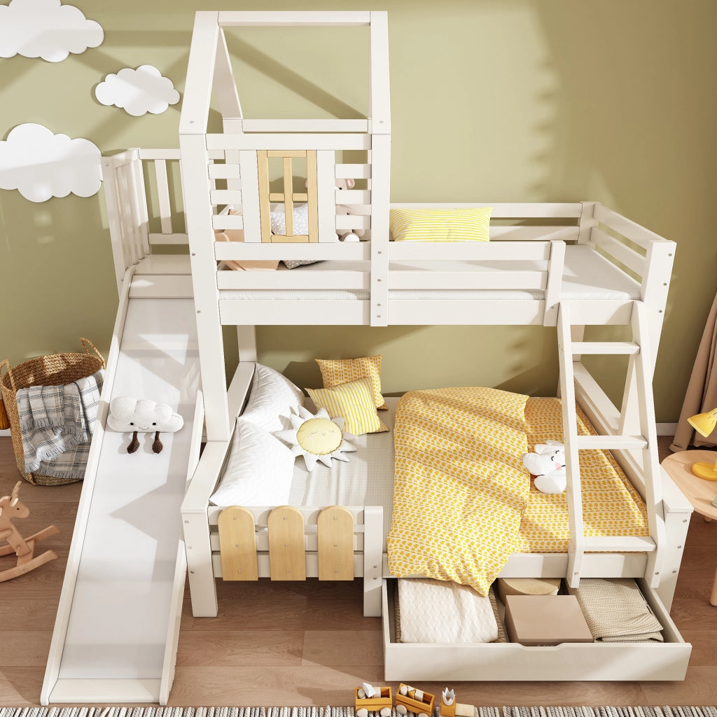 Letto a Castello 90x200 e 140x200 cm; Letto 3 Posti con Scivolo; Scala e Cassetto