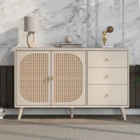 Credenza Moderna per Soggiorno con 2 Ante in Rattan e 3 Cassetti, Multiuso e Spaziosa, Bianco