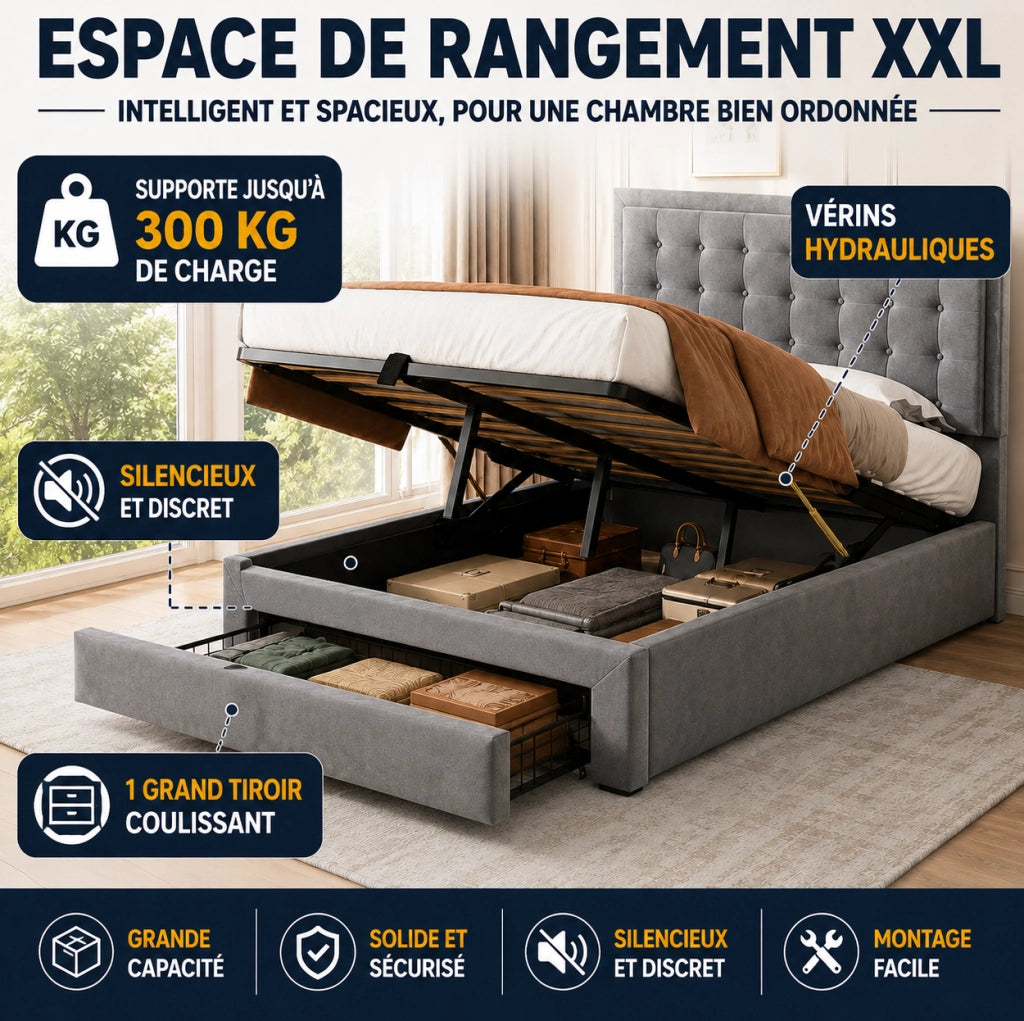 Letto imbottito con contenitore e cassetti; velluto beige; 160 x 200 cm