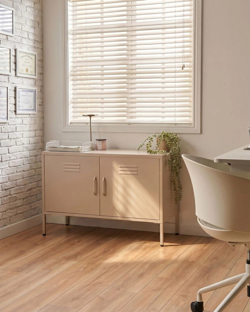 Credenza a 2 ante beige acciaio mobili per ufficio domestico ripiani piedini design industriale
