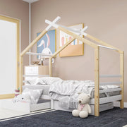 Letto a casa per bambini bianco con cassetti in legno massello di pino 90x200 cm