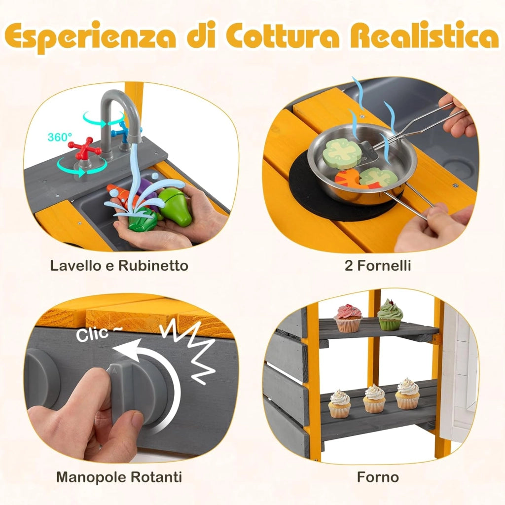 Cucina Giocattolo in Legno, Cucina per Bambini all'Aperto con Fornelli, Lavabo Rimovibile, Rubinetto, Forno, Ganci Appesi e Mensole Portaoggetti, Set di Gioco in Legno per Bambini 3+ Anni