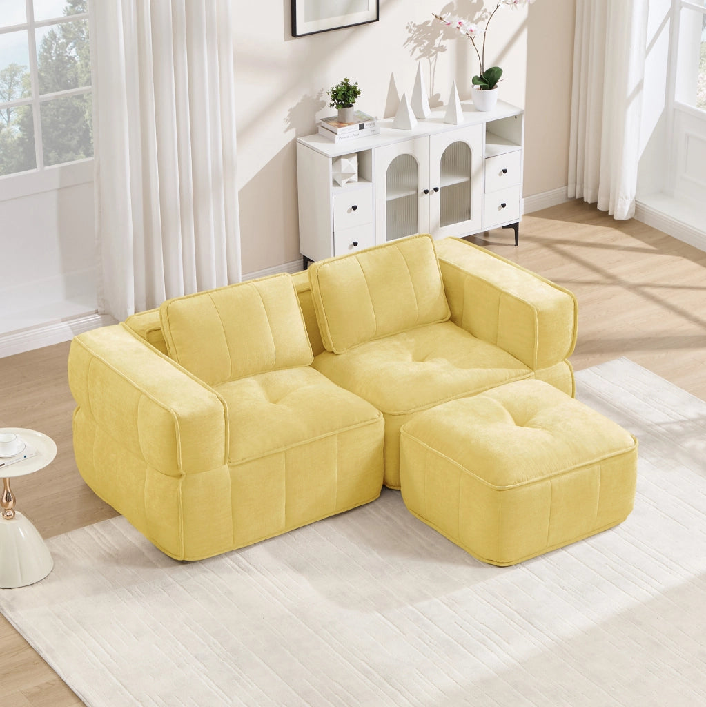 Divano modulare 2 posti ad angolo con pouf 198x162x67 cm in poliestere giallo